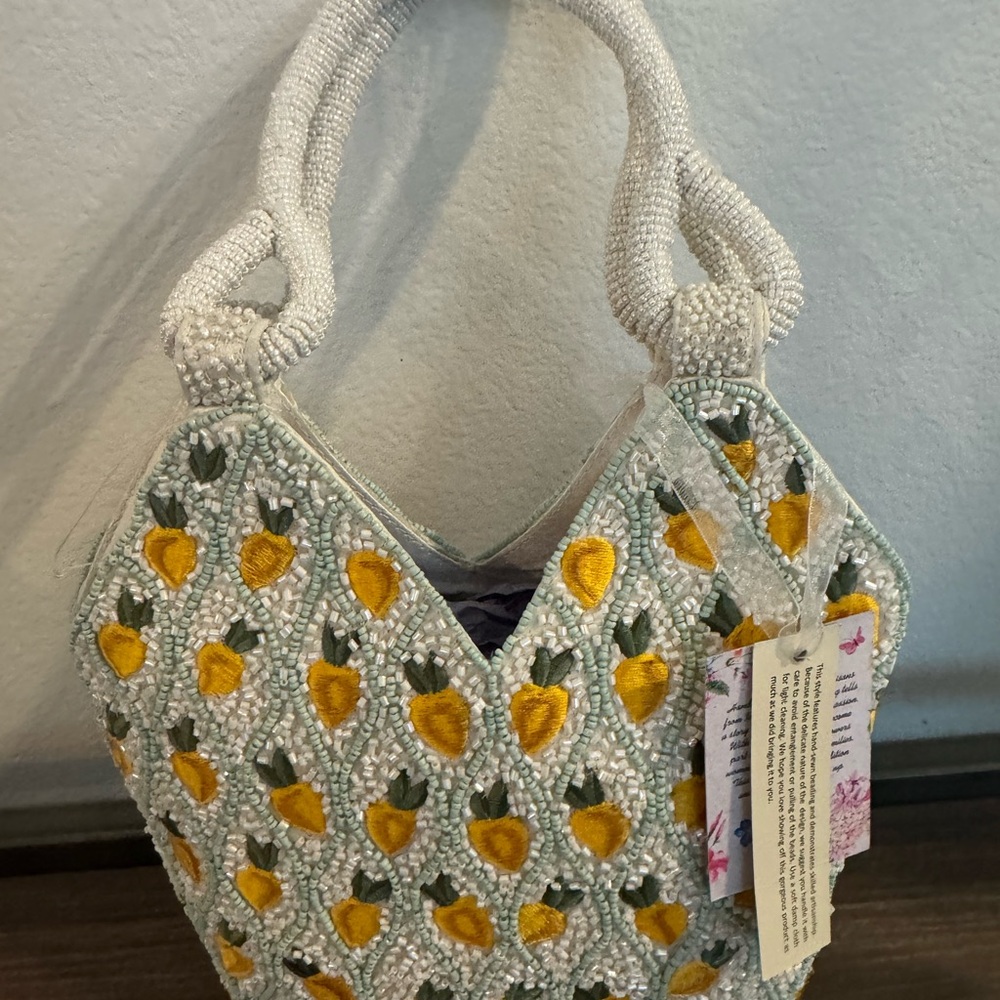 Viral Purse- Embroidered Beaded Handbag - White and Yellow